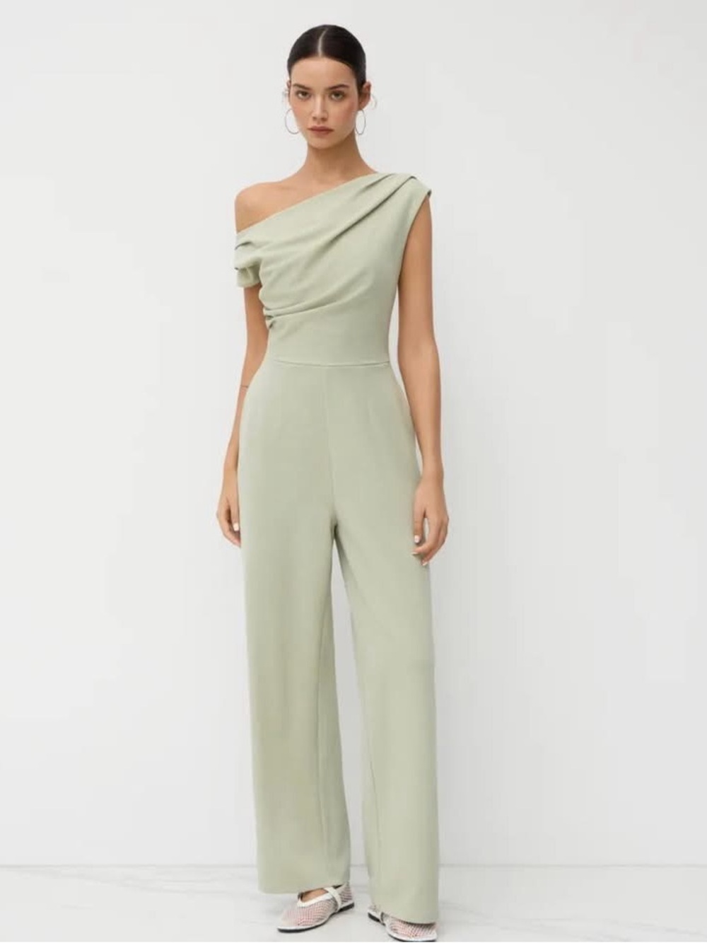 Cider ASYMMETRICAL NECK RUCHED POCKET STRAIGHT LEG Sage Green JUMPSUIT large nwt